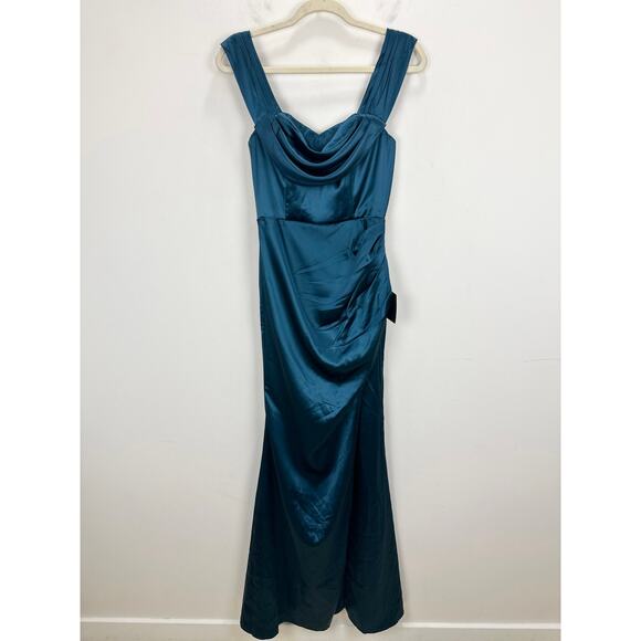Lulus Stunning Arrival Dark Teal Satin Off The Shoulder Maxi Dress Formal S NWT - Picture 5 of 12